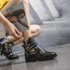 Fashion Fashion Rivets Black Ankle Women Boots Faux Leather Booties Metal Buckle Straps Square Heel Studded Woman Boots Motorcycle Shoes