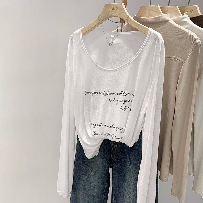 Women's Black Sheer Letter Print Long Sleeve Crew Neck Cover-Up Top