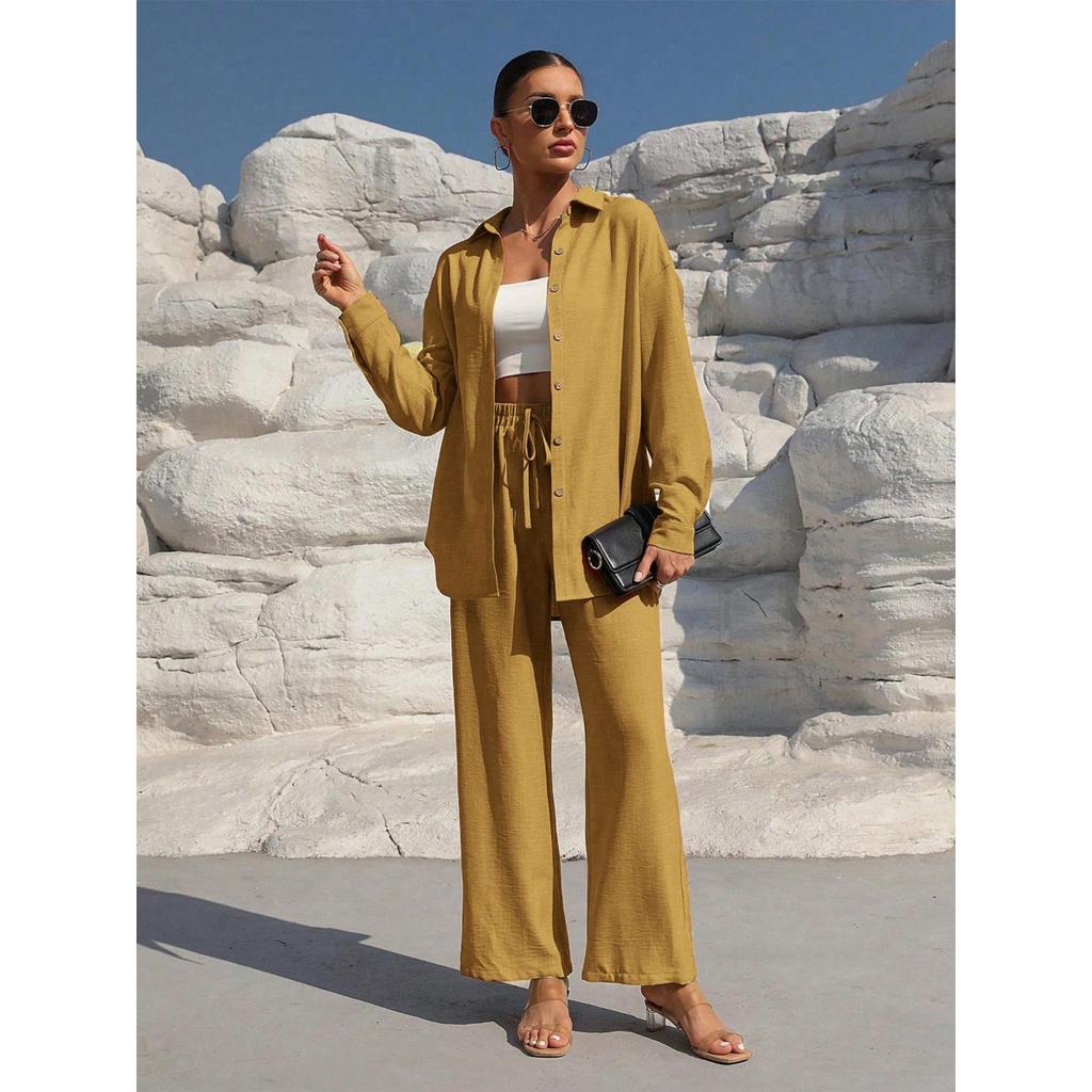 Beach Vacation Solid Color Loose Casual Shirt Skirt Two-piece Suit Women Spring and Summer