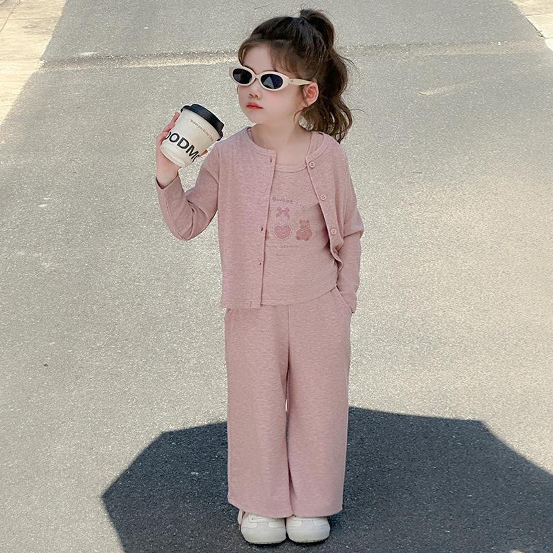 2025 Autumn Girls' Korean Style Three-Piece Set: Teddy Bear Cardigan, Knitted Sweater Vest, and Wide-Leg Pants