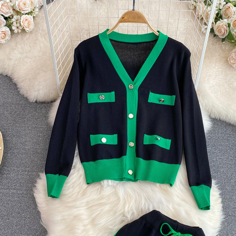 Toamnă Iarnă Femei Tricotat Pulover Pantaloni Set Ocazional Decolteu în V Jachetă tricotată cu un singur piept Pantaloni cu șnur Trening sport 2 piese