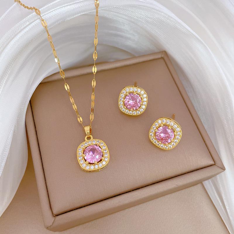 Square Zircon Sky Necklace Earrings Ring Set Light Luxury Personality Temperament Earrings Necklace Combination
