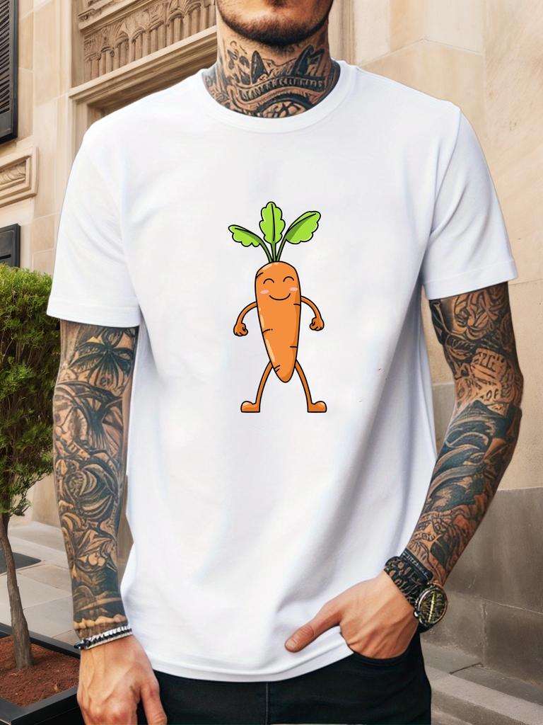 Cute Cartoon Smiling Walking Carrot Character Graphic Unisexs Cotton Crew Neck Tee Short Sleeve Loose Casual Street Male Wear Top