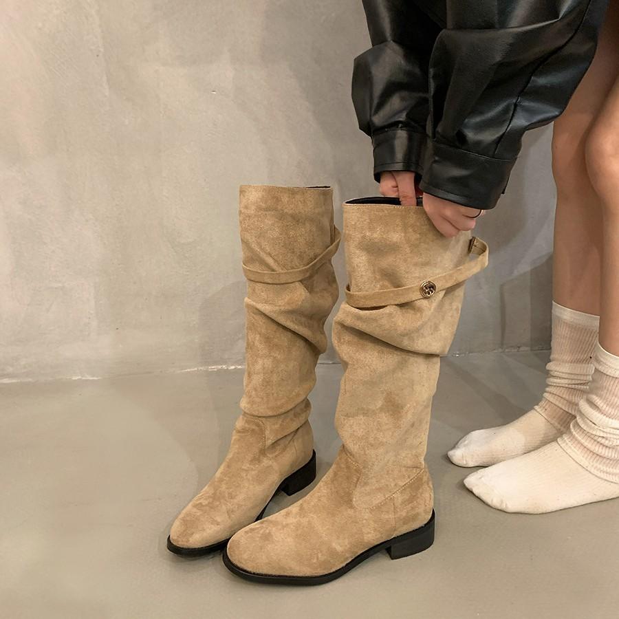 Suede Skinny Boots Khaki Pile Knight Boots Women's 2025 New Autumn and Winter Skinny Tall Heel Long Boots