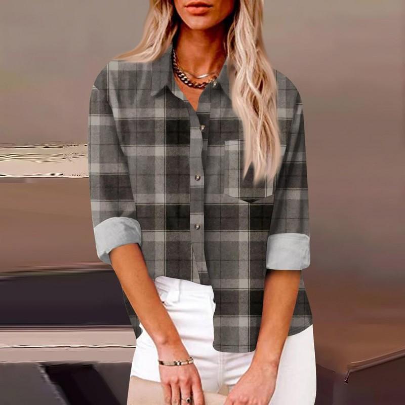 Womens Relaxed Fit Long Sleeve Shirt With 3D Digital Print Plaid Casual Cotton Linen Blouse