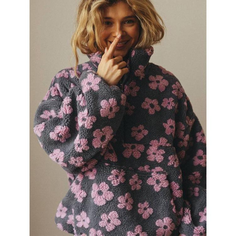 Winter Autumn Women Fleece Sweatshirt Floral Fuzzy Pullover Top Fashion Warm
