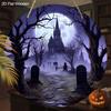 2D Flat 1pc Wooden Halloween Decorative Sign, 7.87x7.87 Inches Church Graveyard Moonlight Night Scene Halloween Decor, Yard Door Porch Window Wall