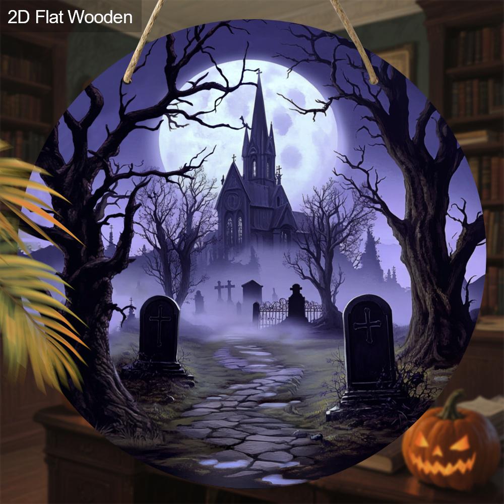 2D Flat 1pc Wooden Halloween Decorative Sign, 7.87x7.87 Inches Church Graveyard Moonlight Night Scene Halloween Decor, Yard Door Porch Window Wall