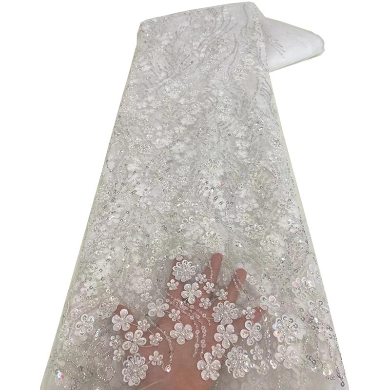 French Style Luxury High Quality Sequin Embroidered African Lace Fabric Beaded Mesh Tulle Wedding Dress Bridal Gown DIY Sewing