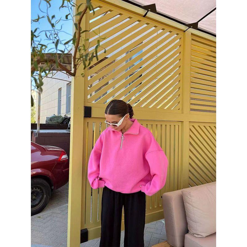 

Fashion Wind Casual Fashion Street Fashion Loose Lapels Zipper Sweatshirt Loose Lapel Zipper Top Pink L