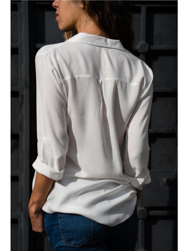 Women's Deep V Neck Long Sleeve Chiffon Shirt Solid Color Spring Summer Top