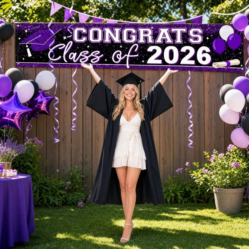 Graduation Banner Outdoor Yard Decoration Congrats Class of 2026 Banner Fabric Hanging Background 200x45cm Graduation Party Supplies