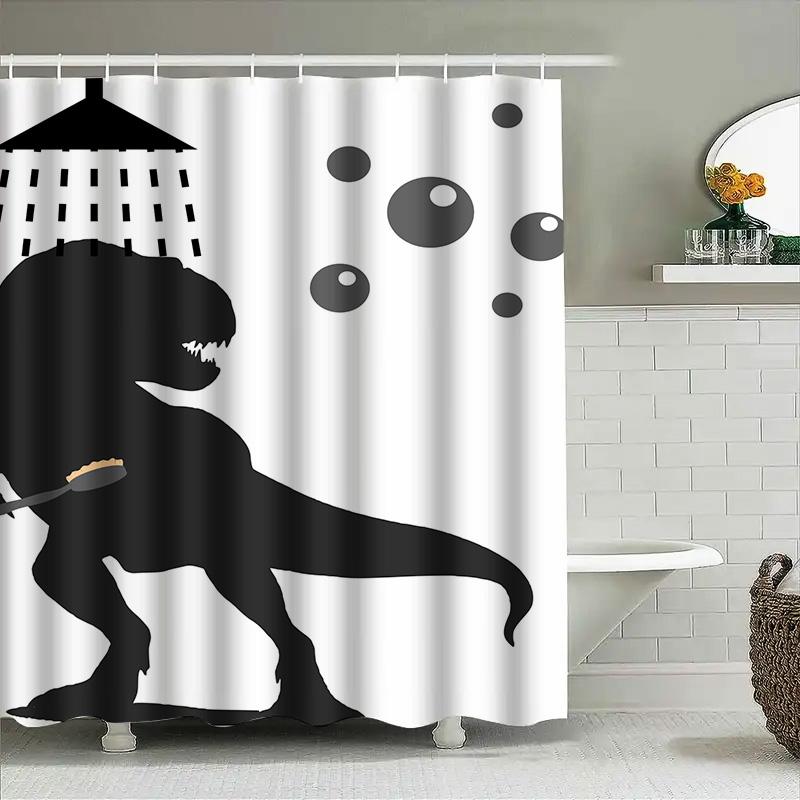 Stylish T-Rex Shower Curtain Set For Bathroom Decor Black Silhouette Design With Bubble Pattern