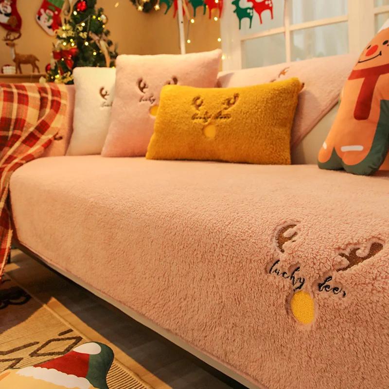 Thicken Short Plush Sofa Cover Winter Warm Non Slip Sofa Towel Washable Couch Cushiom Slipcovers Living Room Elk Christmas Decor