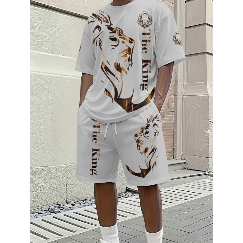 Men s Spring/Summer Casual Vacation Short-Sleeve Set, Golden  Lion Print, Simple Casual Style Short-Sleeve Set,Breathable Sporty Casual Style S