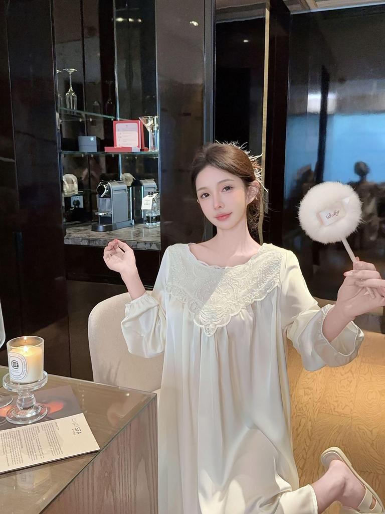 2026 French High-End Lace Cutout Long Sleeve Ice Silk Sleep Dress for Women