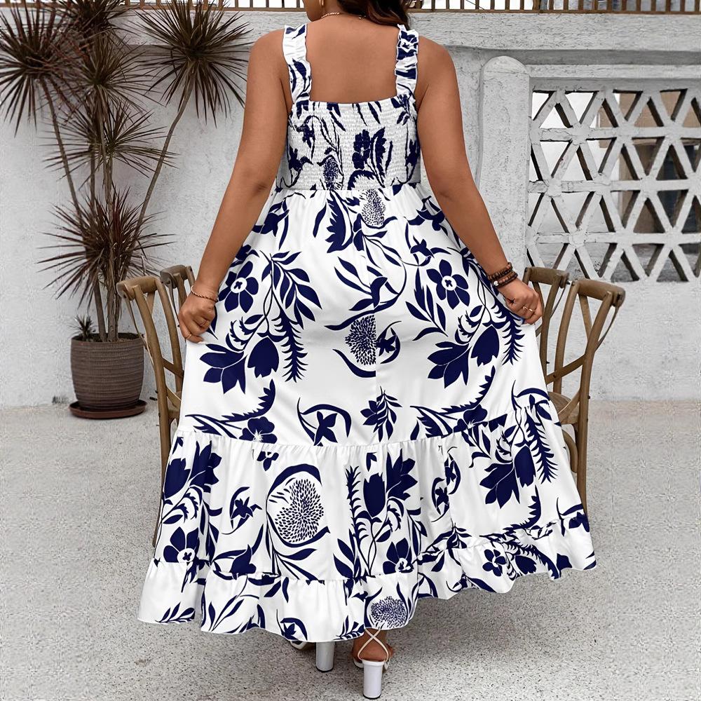 European and American New SHEIN Large Size Women's Holiday Style Printed Medium and Long Dress