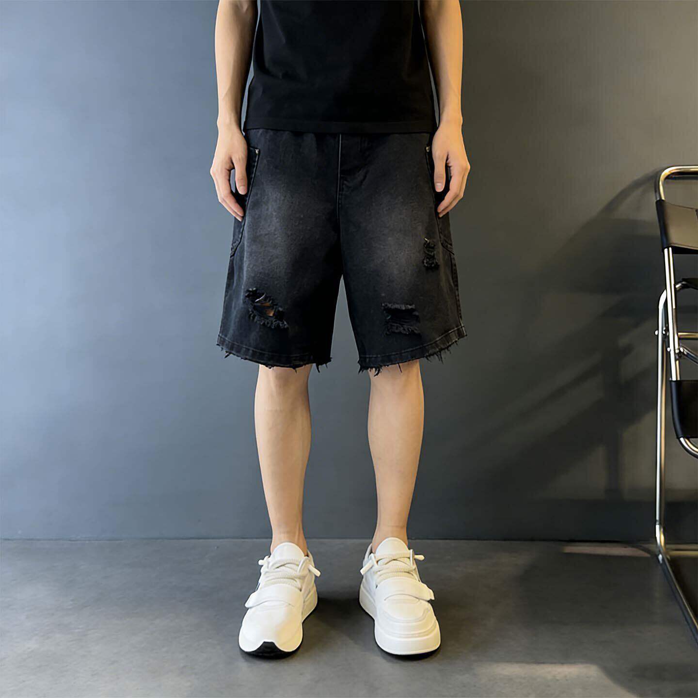 Ripped Denim Shorts Men s Summer Five-point Pants Trendy Casual Big Pants Medium Pants Trendy Distressed Frayed Hem Denim Shorts M