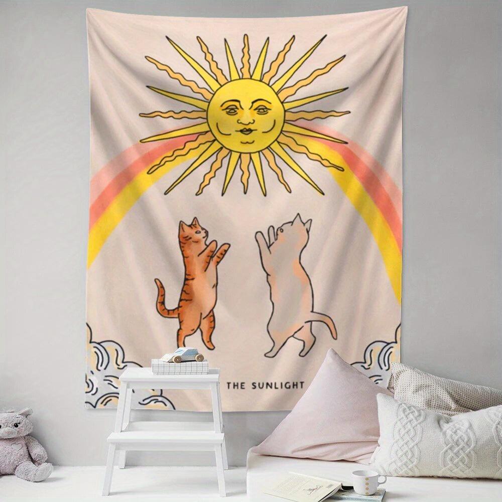 Chase The Sunlight Cat Print Tapestry Cute Boho Style Wall Hanging For Dorm Bedroom And Room Decor And Aesthetic Arrangement