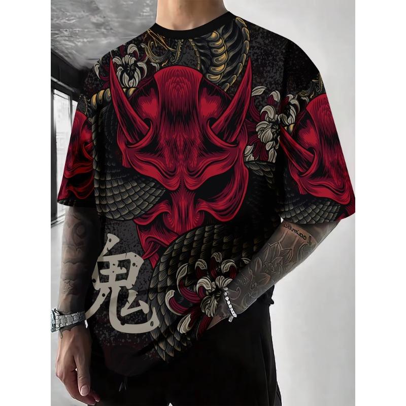 

Men s red and black dragon printed off-the-shoulder short-sleeved T-shirt, casual round-neck tattoo design summer T-shirt XS