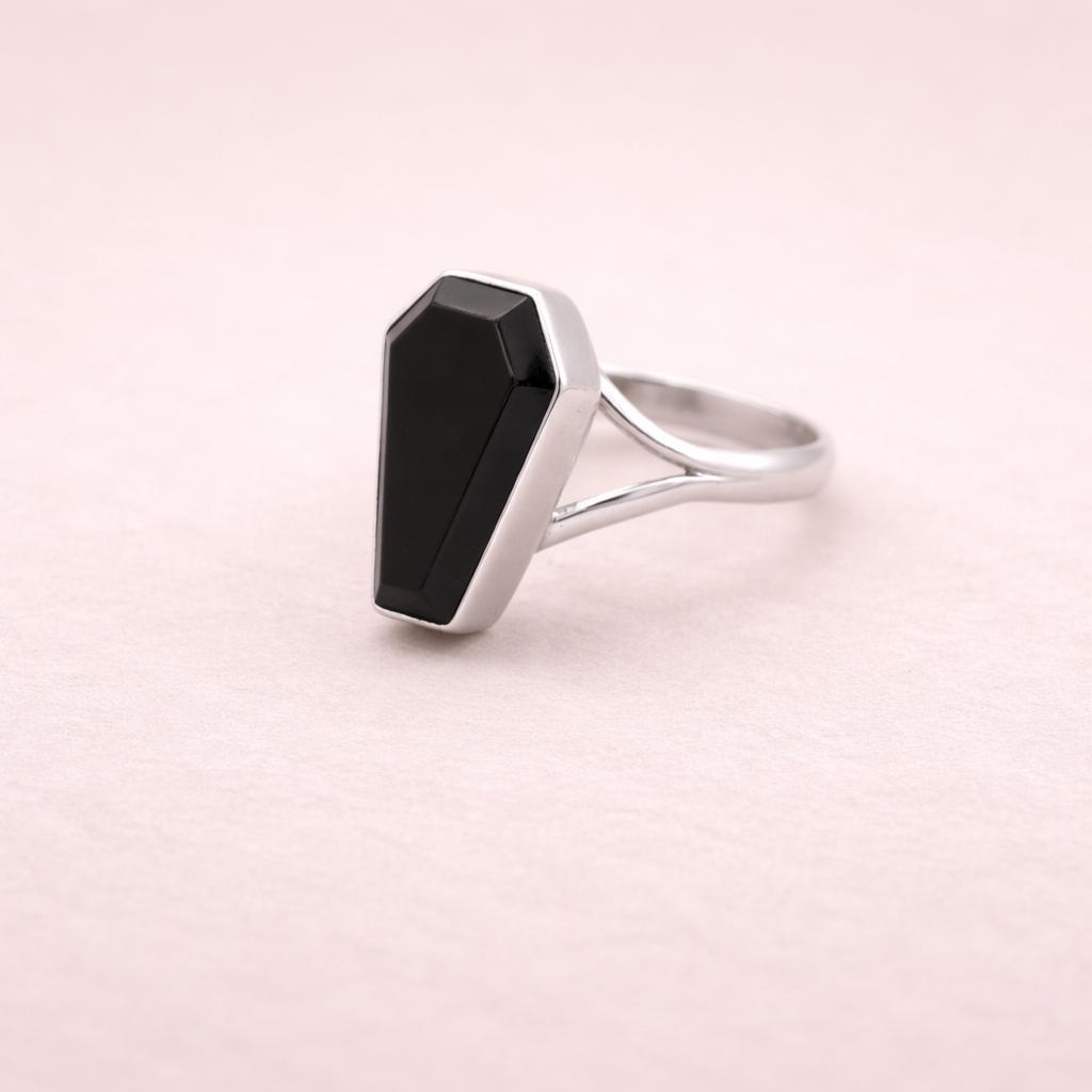 Black Onyx Coffin Ring Sterling Silver 925, Gothic Statement Ring, Handmade Onyx Gemstone Ring, Boho Minimalist Jewelry