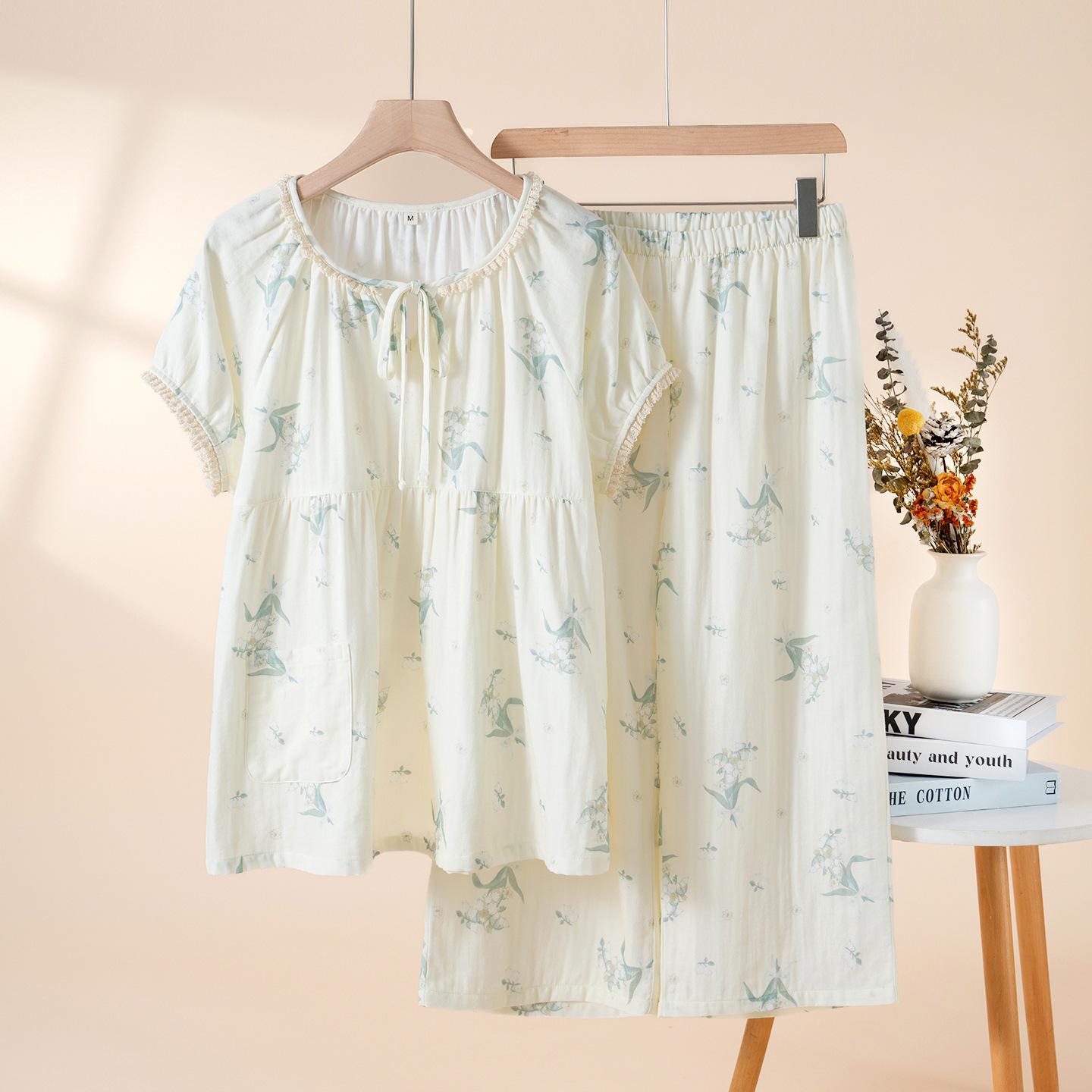 

Women s Pastoral Cotton Pajama Set: Short Sleeve, Double Layer Gauze, Long Pants, Loose Fit, Comfortable for Home or Outdoor Wear