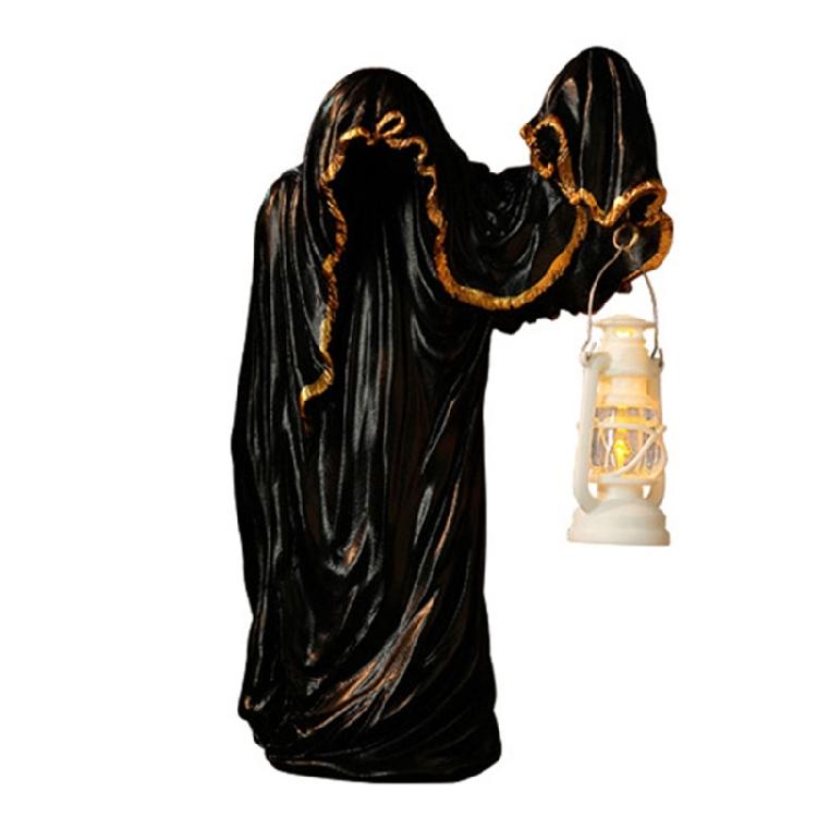 Halloween Wizard Holding Lanterns Sculpture with Intricate Carving Weather Resistant Resins Ornament For Mystical Displays