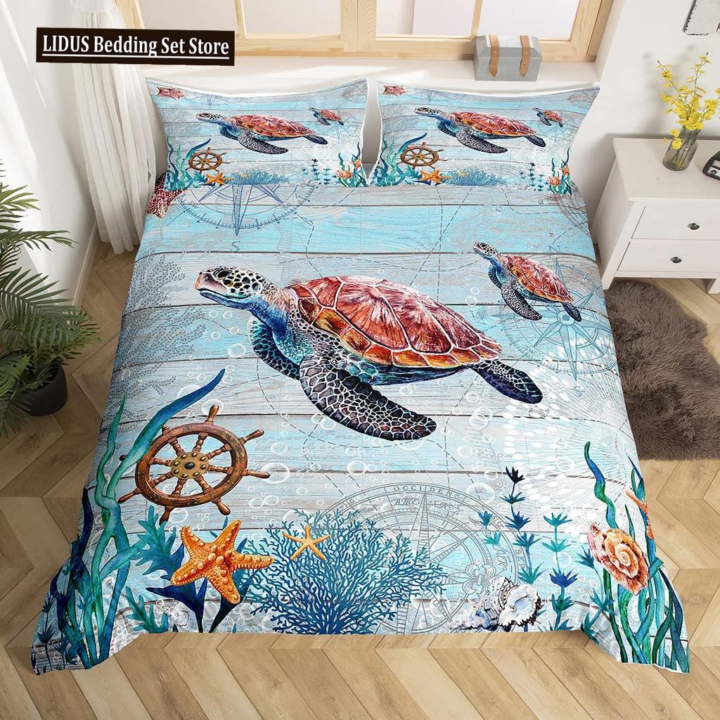 Sea Turtle Duvet Cover Set King Size Watercolor Tortoise Butterfly Comforter Cover For Boys Girly Dreaming Style Bedding Set