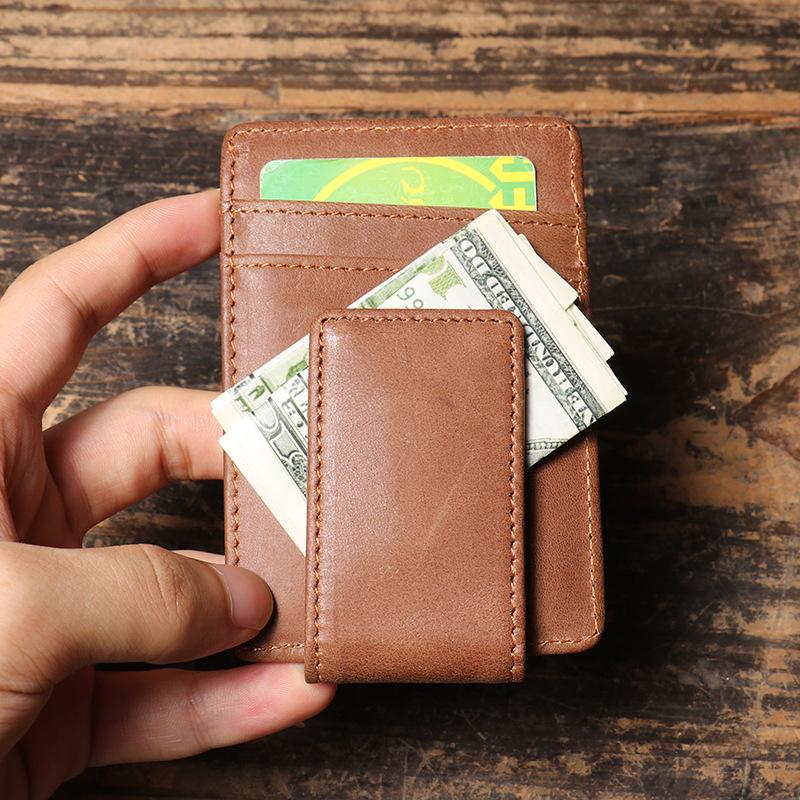 Men'S Genuine Leather Card Bag, First Layer Cowhide Multi-Card Holder, Can Be Used As Rfid Magnet Suction Buckle, Dollar Clip