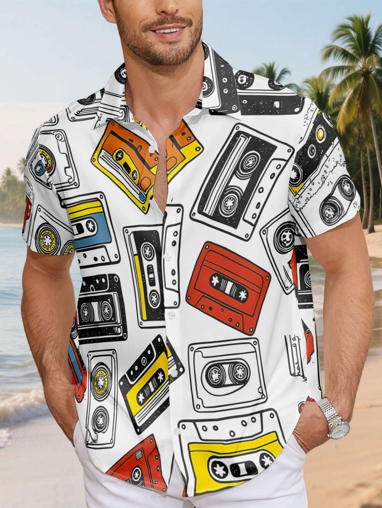 Retro Men's Printed Shirts Optical Disc Pattern Casual Shirt Oversized Top Beach Short Sleeved Hawaiian Style Shirts Men Clothes