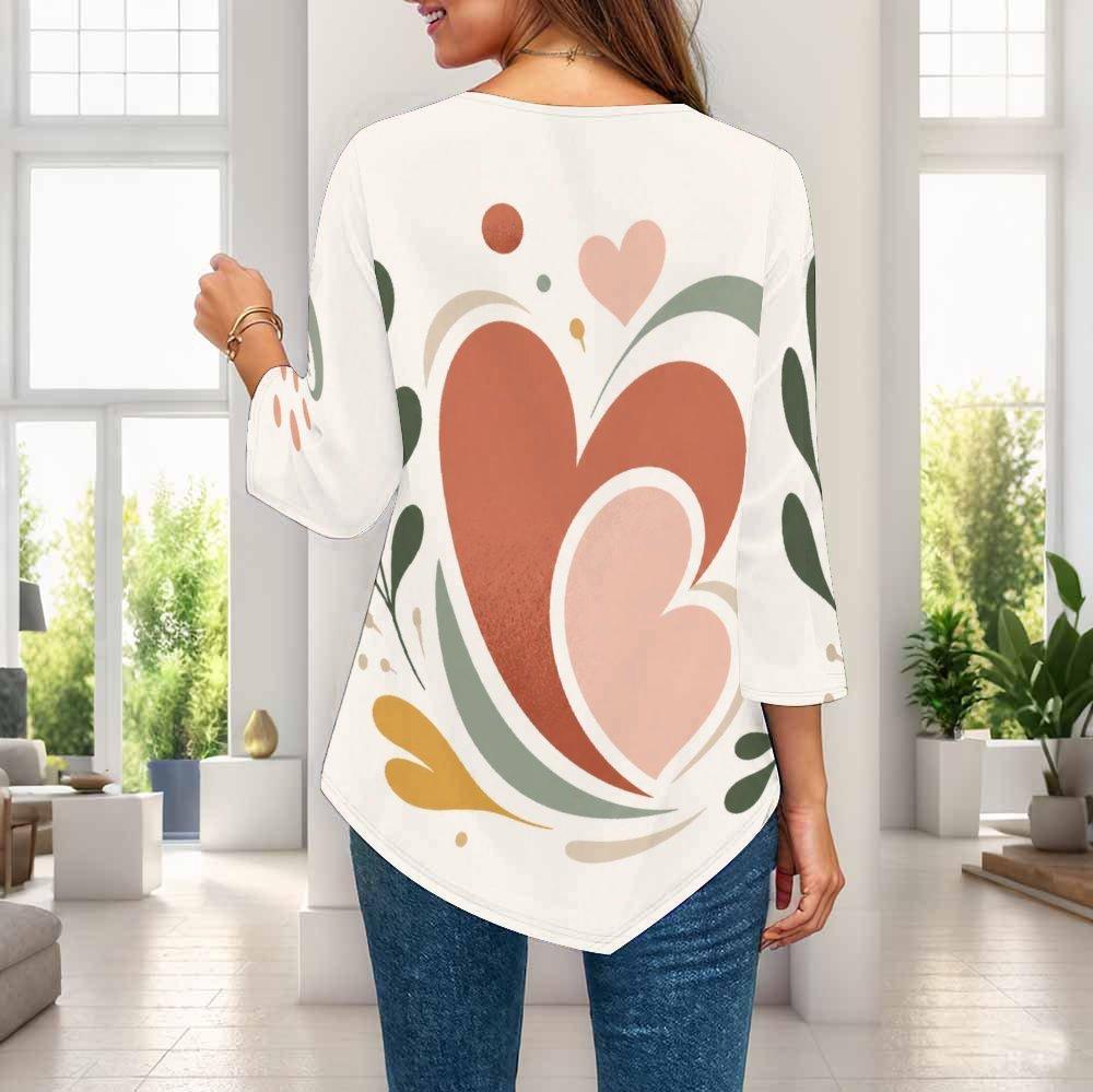 Womens Plus Size Three Quarter Sleeve Blouse Pointed Hem Breathable Loose Casual Daily Activity Top
