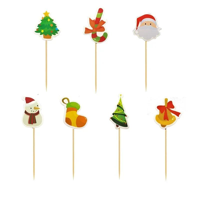 2025 Disposable Fruit Stick Party Cake Topper Christmas Tree Santa Snowman Fruit Cake Decoration Christmas Decoration