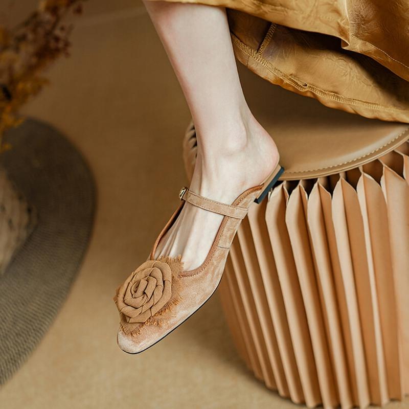Fashion NEW Summer Women Mules Sheep Suede Leather Shoes for Women Square Toe Low Heel Slippers Cover Toe Slingback Flower Green Sandals