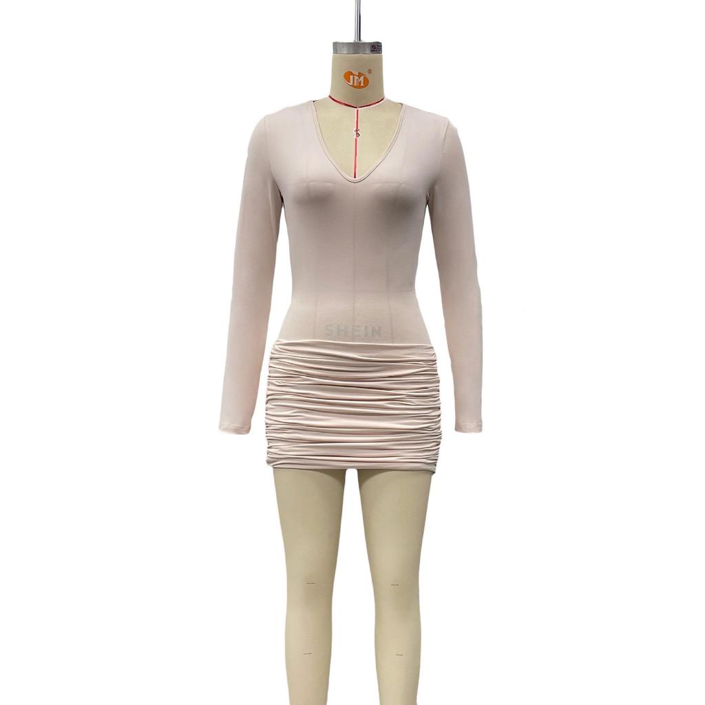 2025 Herbst V-Ausschnitt Langarm Einfarbig Slim Gerüschtes Kleid