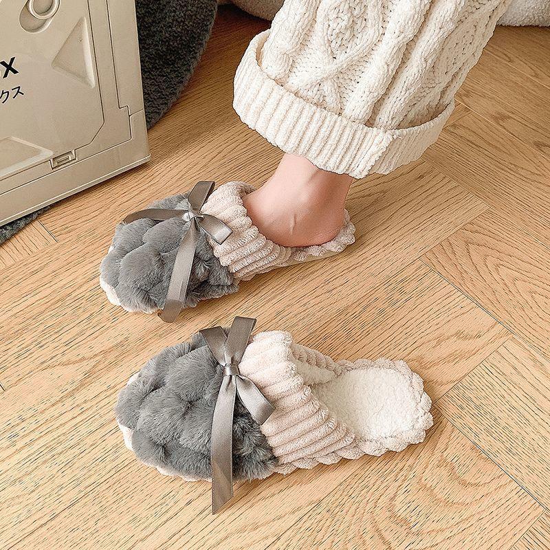 Indoor furniture non-slip thick-soled fluffy slippers cute bow cotton slippers women's plush 2025 autumn and winter new