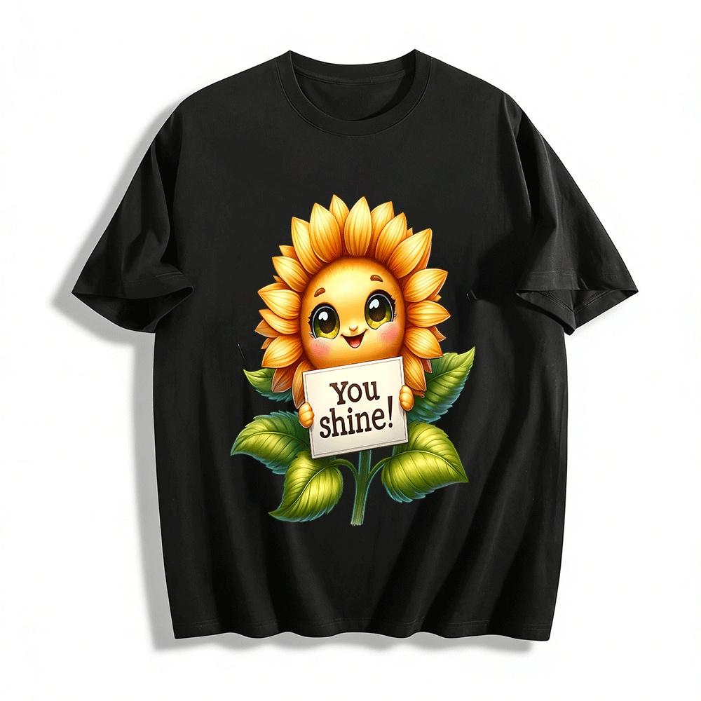 

Cheerful Sunflower Print Top You Shine Themed Casual Tee Pure cotton T-shirt 6XL