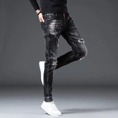 Autumn Work Ripped Hole Black Cowboy Hip Hop Ink Slim Jeans Men's Denim Pants Men