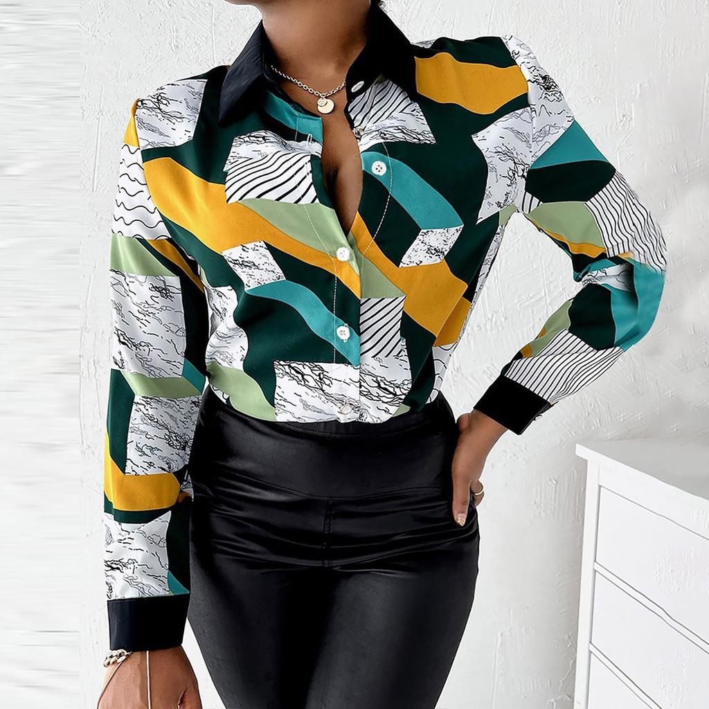 Women Summer Fashion Casual Long Sleeve Lapel Panel Cardigan Button Tops