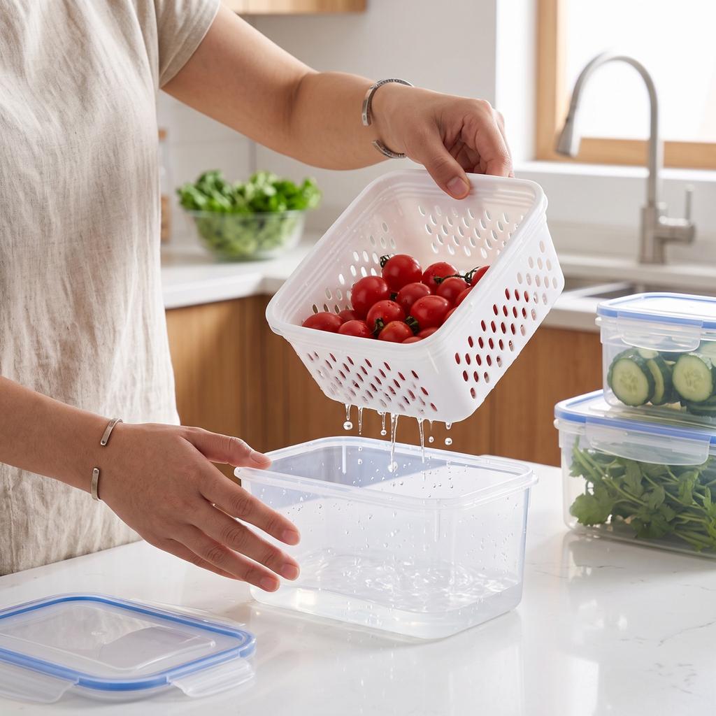 Plastic Food Storage Containers with Airtight and Colander, 3-Piece Set (Small+Medium+Large) for Kitchen and Vegetable Organization