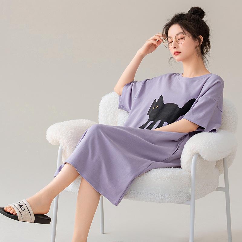 7A Women's Antibacterial Cotton Nightgown, Short Sleeve, Plus Size, Medium Length, Versatile for Outdoor Wear, Sweet Summer Home Dress