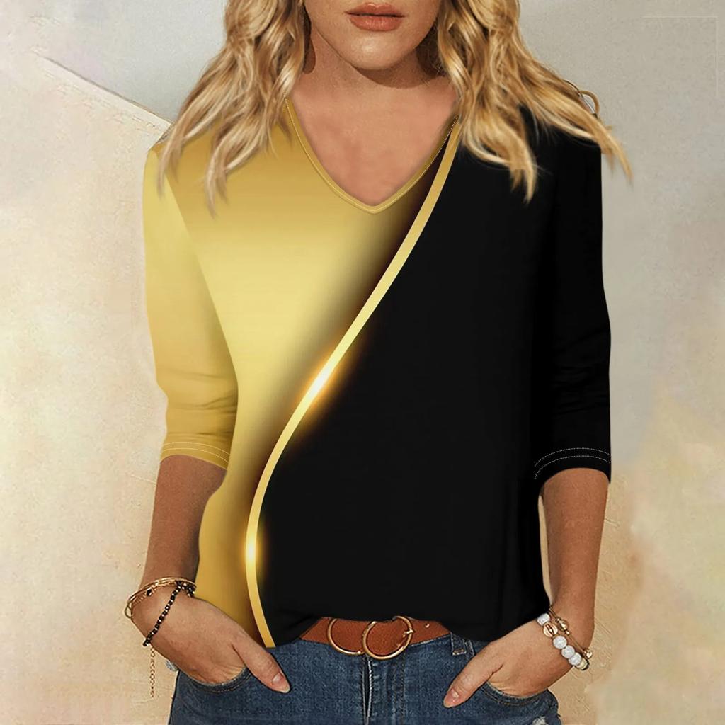 Shirt For Women'S Fashion Casual V Neck 3/4 Sleeve Loose Printed T-Shirt Ladies Top New Fashionable And Simple Women‘S 2024