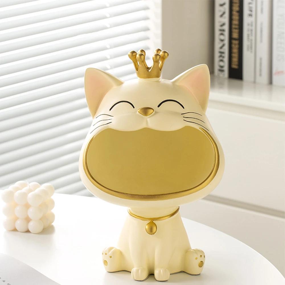 Fortune Cat Key Holder Figurine Candy Sundries Resin Animal Sculpture Non-toxic Harmless Household Supplies for Home Living Room