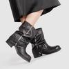 Fashion Black Leather Thick Bottom Botines Para Mujeres Fashion Round Toe Metal Buckle Winter Boot Retro Square Heel Pleated Knight Boot