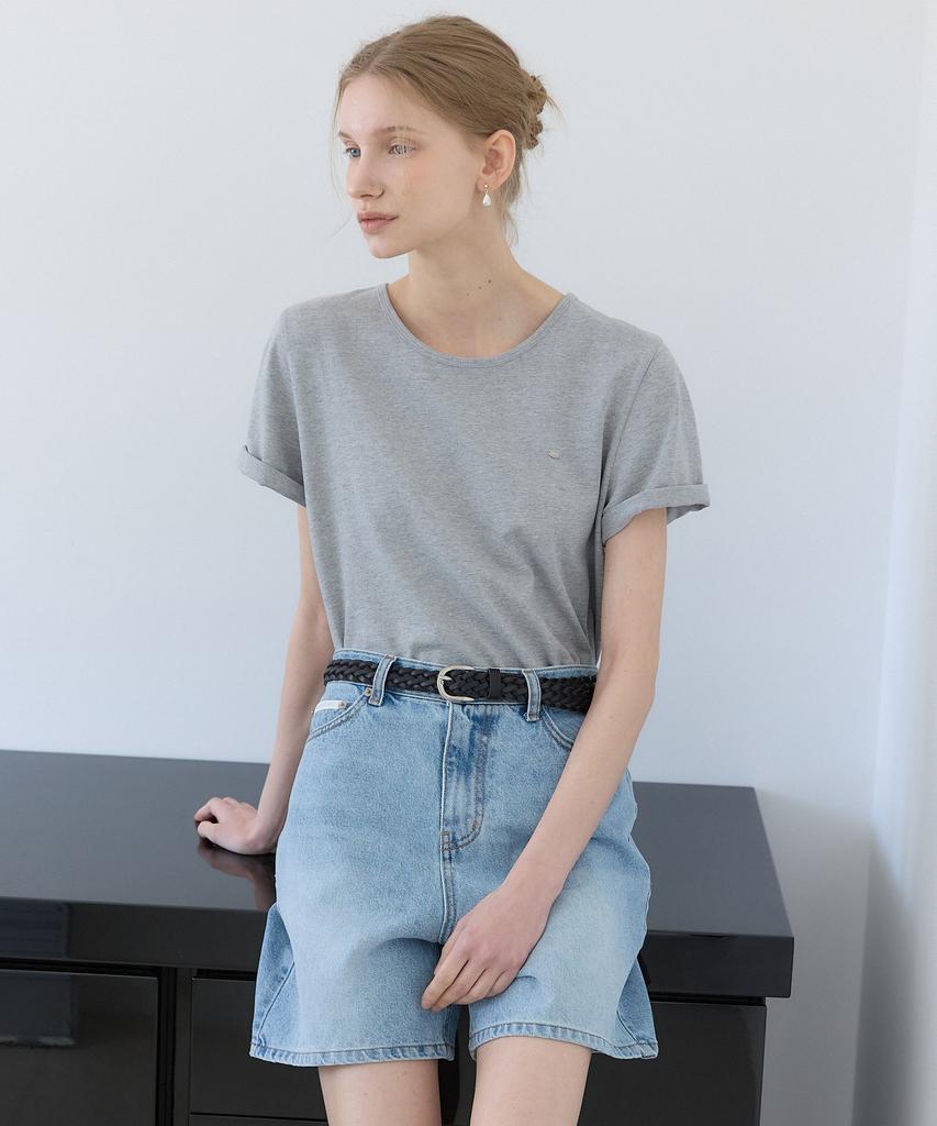OURHOPE Logo Silky Round Neck T-Shirt - Melange Grey
