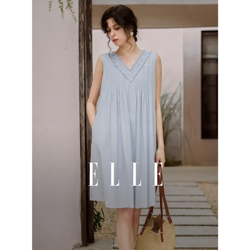 

ELLE Pleated Ruffle Sleeveless A-Line Mini Dress L