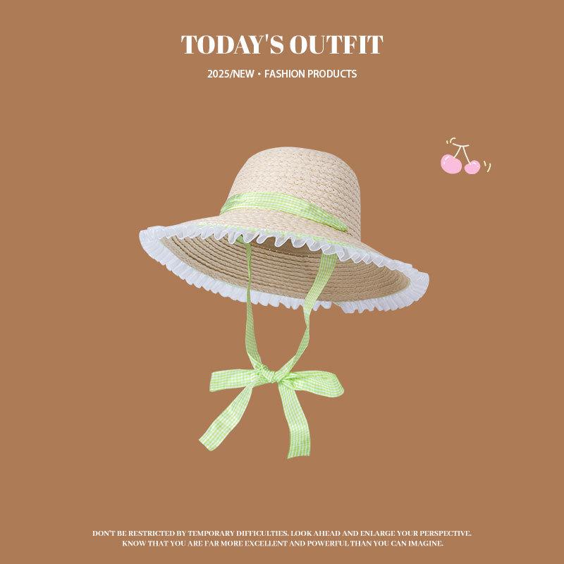 Summer Pastoral Style Lace up Straw Hat Women Korean Ins Sweet and Cute Big Brimmed Sun Straw Hat Beach Vacation Beach Hat