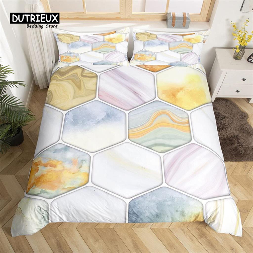 Marble Duvet Cover Set Microfiber Geometric Hexagone Quilt Cover Honeycomb Bedding Set Single King Queen For Kids Teens Adults