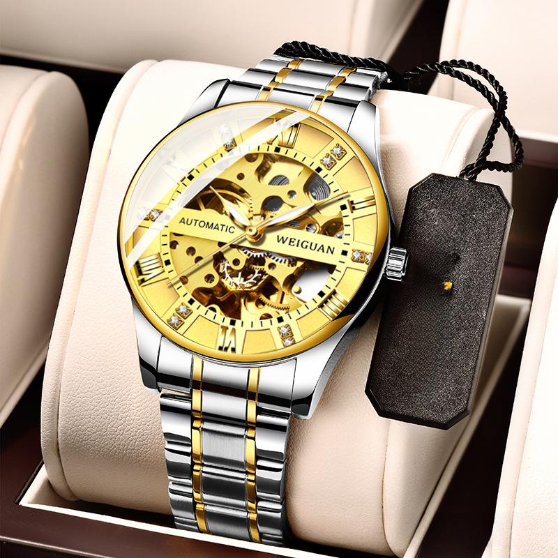 Relógio mecânico totalmente automático masculino oco negócios à prova d'água luminoso moda