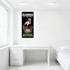 Vertical Tin Sign, Dark Green Background with Stylized Pink Flamingo In Hat & Sunglasses On Pink Lotus, Green Leaves & Purple Be