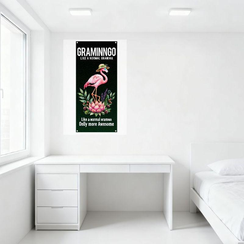 Vertical Tin Sign, Dark Green Background with Stylized Pink Flamingo In Hat & Sunglasses On Pink Lotus, Green Leaves & Purple Be